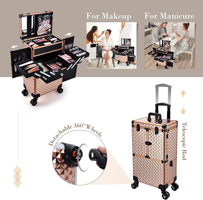 Professional Makeup Artist Rolling Train Case Multi-functional Cosmetic Train Case Large Trolley Storage Case for Nail Technicians Cosmetology Case for Hairstylist Rose Gold - Image 5