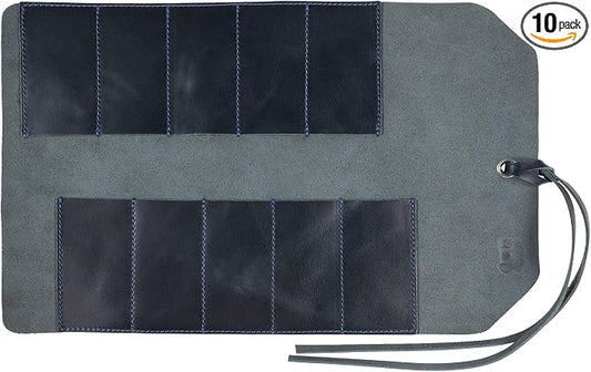 Hide & Drink, Rustic Small Tool Roll-Up Bag (10 Slots), Portable Carry-On Pouch, Workshop Storage, Woodworking Tools Organizer, Vintage, Full Grain Leather, Handmade, Slate Blue by HideDrink