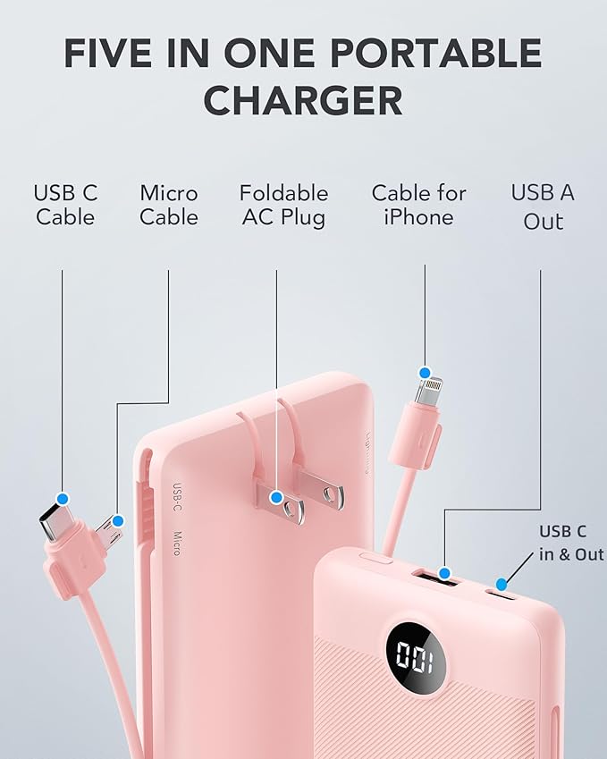 VRURC Portable Charger Built-in Cables and AC Wall Plug,USB C Power Bank 10000mAh, Travel Essentials Phone Charger Compact Lightweight External Battery Pack for Smart Phones, Tablets etc-Pink
