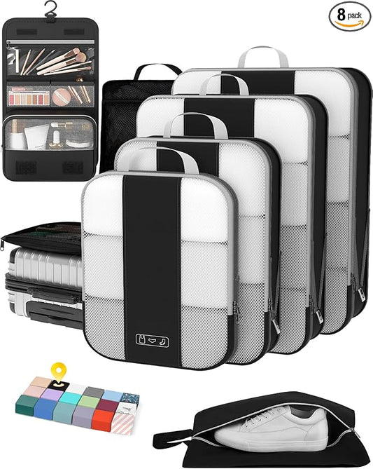 OlarHike 8 Set Compression Packing Cubes for Travel Essentials,Compressible Expandable Space Saver Bags for Organizing Clothes,Luggage Suitcase Garment Bags with Over 1000 pcs Mesh Holes(Black) by OlarHike
