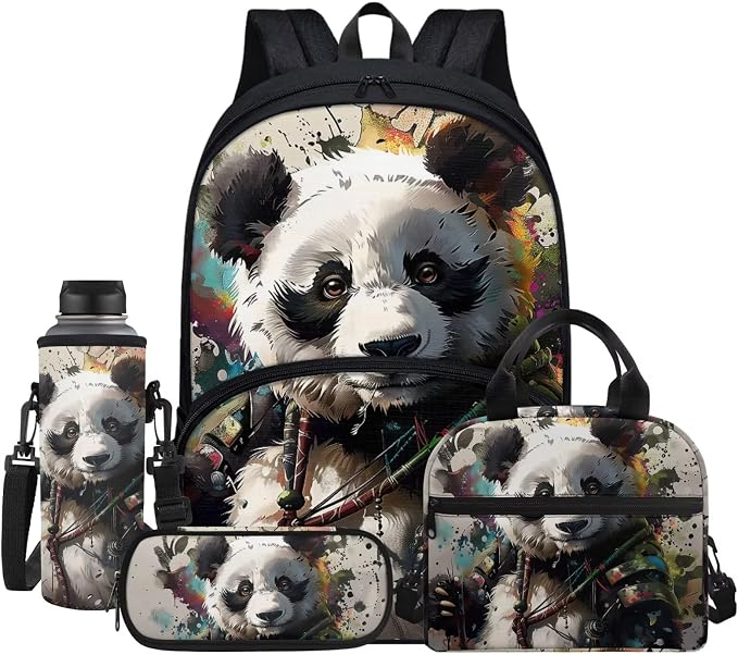4PCS Kids Watercolor Panda Black Travel Bookbag Backpack Lunch Bag Shoulder Crossbody Handbags with Thermal Insulated Pen Carrying Case Purse for Girls Boys Teenagers Hiking Daypack by Jndtueit