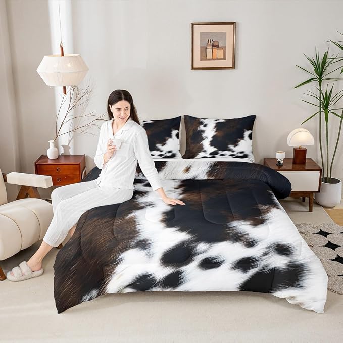 Brown Cowhide Comforter Set King,Black White Aztec Cow Print Bedding Set Western Farmhouse Animal Fur Down Comforter for Kids Boys Girls,Rustic Cowboy Quilt Duvet Set 2 Pillow Cases Bedroom Decor - Image 6