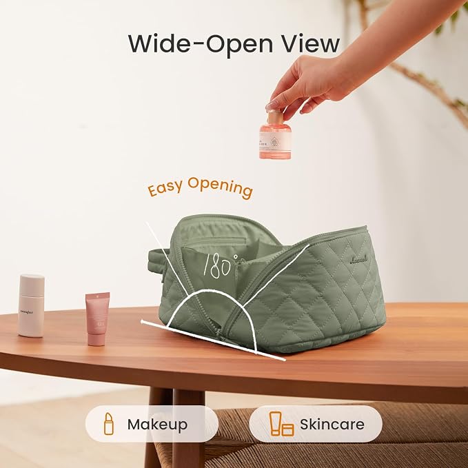 LOVEVOOK Travel Makeup Bag for Women, 2Pcs Puffer Waterproof Cosmetic Organizer, Large Capacity Pouch Open Flat Small Toiletry Bag with Brush Compartment & Handle (Green, Medium) - Image 2