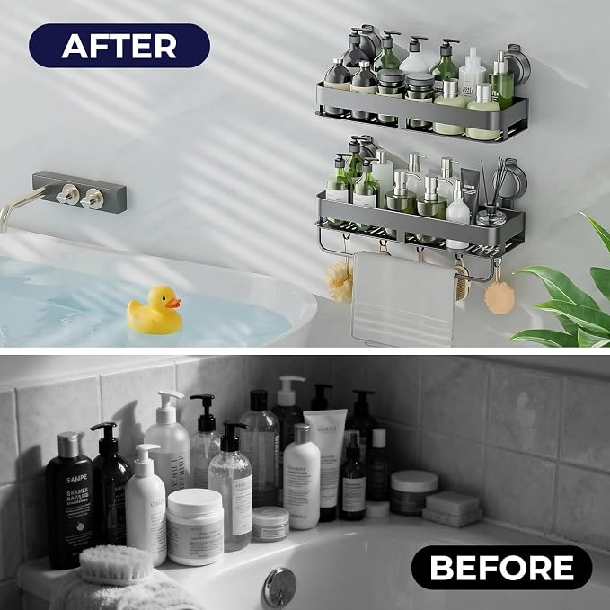 Corner Shower Caddy,Suction Cup Shower Caddy with Hooks,No Drilling Rustproof Aluminum Bathroom Organizers and Storage,Shelves for Bathroom Accessories Decor (15.7inch-Gunmetal Gray) - Image 7