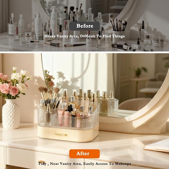 Makeup Organizer Countertop with 360 Rotating Brush Holder, Make Up Organizers For Vanity With Drawer, Bathroom Countertop Skincare Organizer And Storage - Image 4