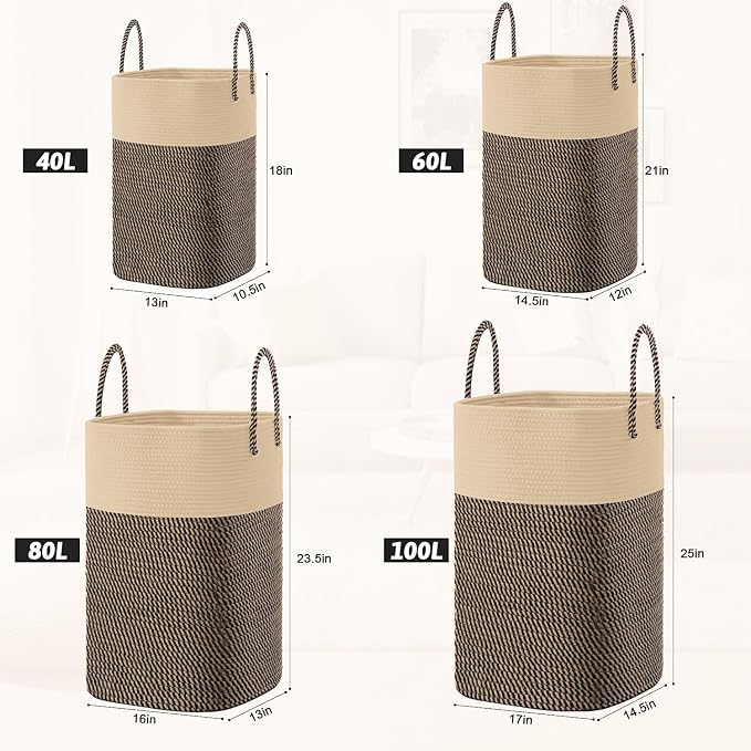 Laundry Basket,Woven Cotton Rope Laundry Hamper,Versatile Storage for Dirty Clothes,Baby Toys,and Blankets in Bathroom, Nursery,and Living Room (Jute, 60L) - Image 3