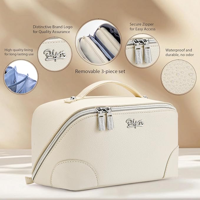 BOYATU Travel Makeup Bag Cosmetic Bags for Women: 3 Pcs Set Large Capacity Make up Bag with Handle - Waterproof Vegan Leather Toiletry Bags Travel Essentials with Compartments(C-3-White) - Image 2