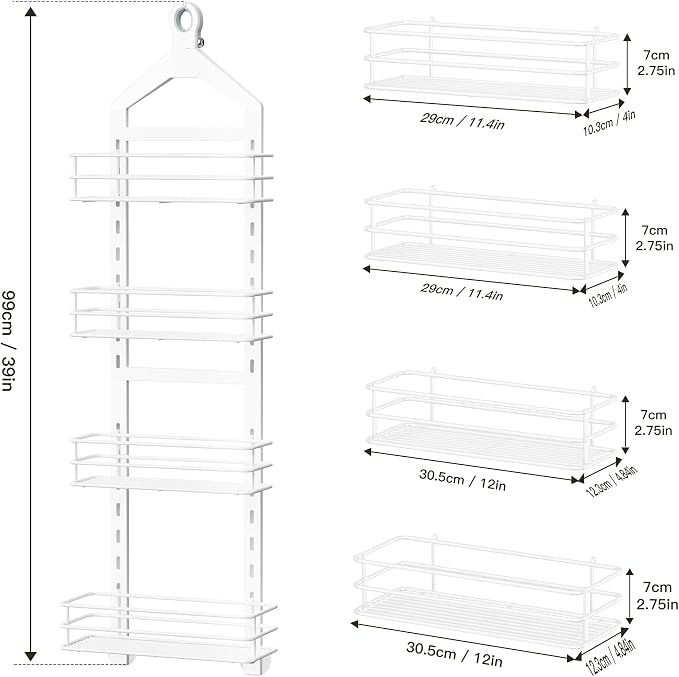 Orimade 4 Tier Adjustable Anti-slip Shower Caddy Over Shower Head, Rustproof Bathroom Hanging Organizer With 4 Hooks for Razor, No Drilling Shower Shelves Storage Rack, White - Image 8