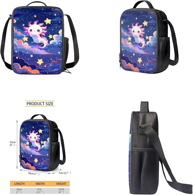 Axolotl Backpack for Girls Kids Backpack with Lunch Box Water Bottle Carrier with Strap and Cute Pencil Case 4PCS Set Bookbag with Front Pocket for School Large School Bag for Elementary Girls - Image 4
