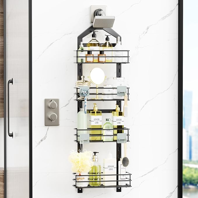 Orimade Adjustable Anti-slip Hanging Shower Caddy over Shower Head,Rustproof Bathroom Hanging shower Organizer with 4 Hooks for Razor,No Drilling Shower shelves Storage Rack,Black 4 Tier - Image 2