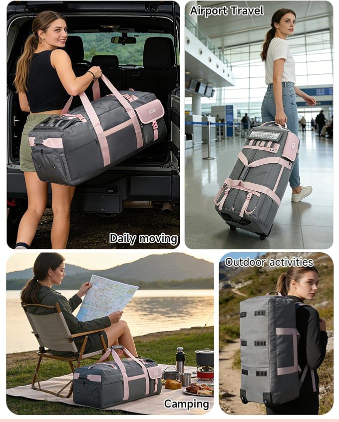 Foldable 90L Rolling Duffel Bag with Wheels, 4-in-1 Carry Water-resistant Travel Duffle with Shoe Compartment&Quick-Access Pockets, Multi-Purpose Bag for Gym, Camping - Image 9