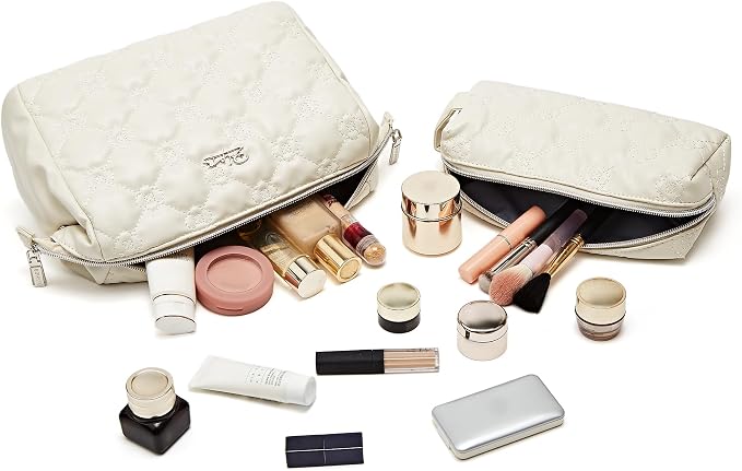BOYATU Travel Makeup Bag Cosmetic Pouch: 2 Pcs Set Waterproof Vegan Leather Cosmetic Bags for Women - Cute Quilted Skincare Make up Toiletry Bag for Girl (05-White) - Image 3