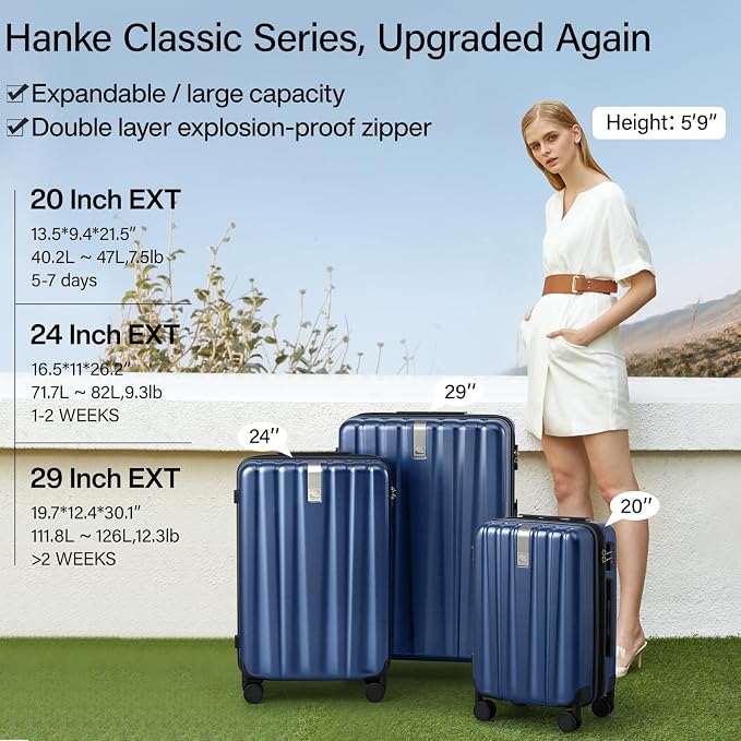 Hanke 24 Inch Expandable Checked Luggage Lightweight PC Hard Case Luggage Suitcases with Wheels Travel Luggage Rolling Large Suitcase Travel Luggage Bag for Go to University.(Dark Blue) - Image 2