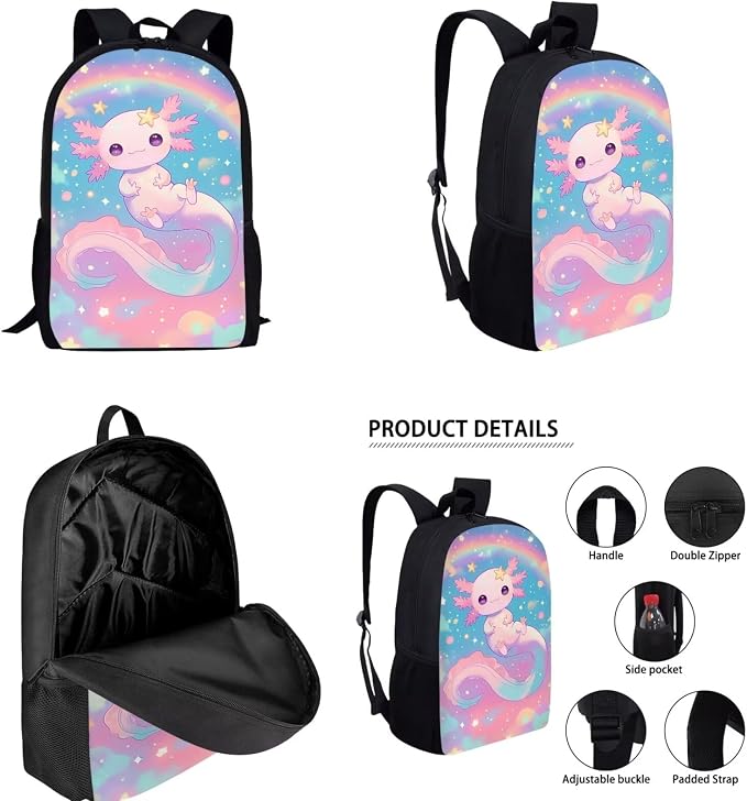 Cute Axolotl Rainbow Backpack for School Girls 1st Grade Rainbow Bookbag with Lunch Box Set Neon Book Bags and Lunchbox Pencil Case Water Bottle Holder Elementary Back Pack for Kids 6-8/5-7 - Image 2