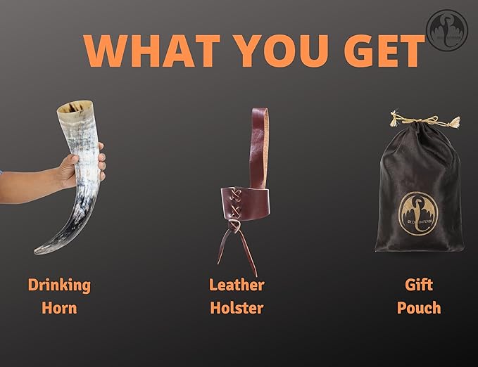 OLDEMPEROR Viking Drinking Horn - 12 Inch with Leather Holster | Handmade Beer Cup | Food Grade | Genuine Ox Horn | Natural Shine Finish | LARP | Viking Chirstmas Gifts for Men & Women