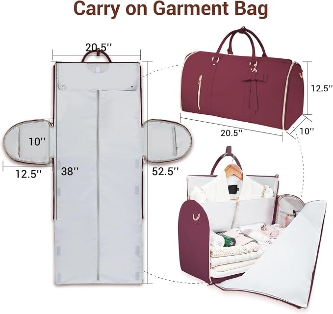 Garment Bags for Travel, Convertible Suit Travel Bag for Women, Stylish Carry On Garment Bag with Toiletry Pocket, Shoulder Strap and Shoes Compartment, 2 in 1 Foldable PU Leather Duffle Bag, Sangria - Image 3