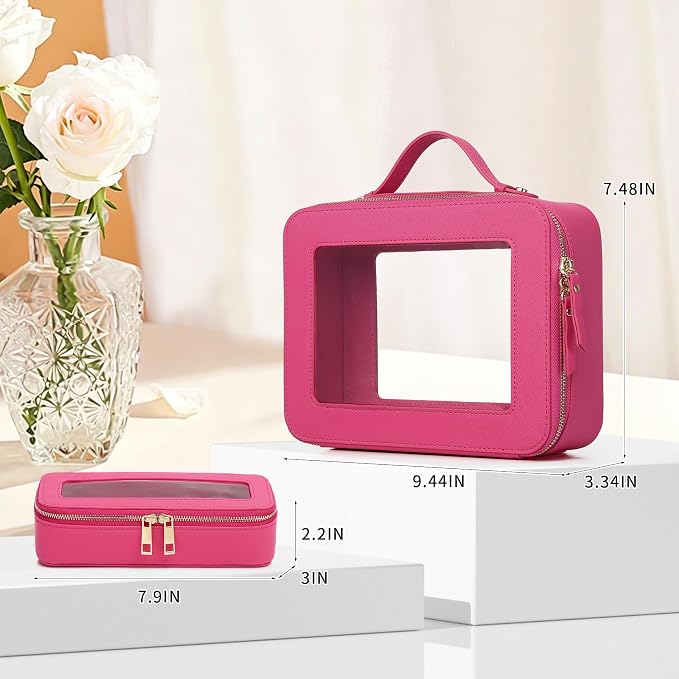 Clear Travel Makeup Bag, Fuxia, L+Slim | With Brush Bag, Transparent, Waterproof, With Zipper, For Women - Image 3