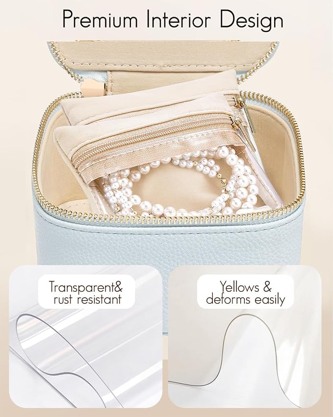 VLANDO Travel Jewelry Case,Travel Jewelry Organize with 6 Velvet Jewelry Zipper Pockets,Premium Petal Hardware Jewelry Case for Birthday Wedding Graduation Gifts-Baby Blue - Image 3