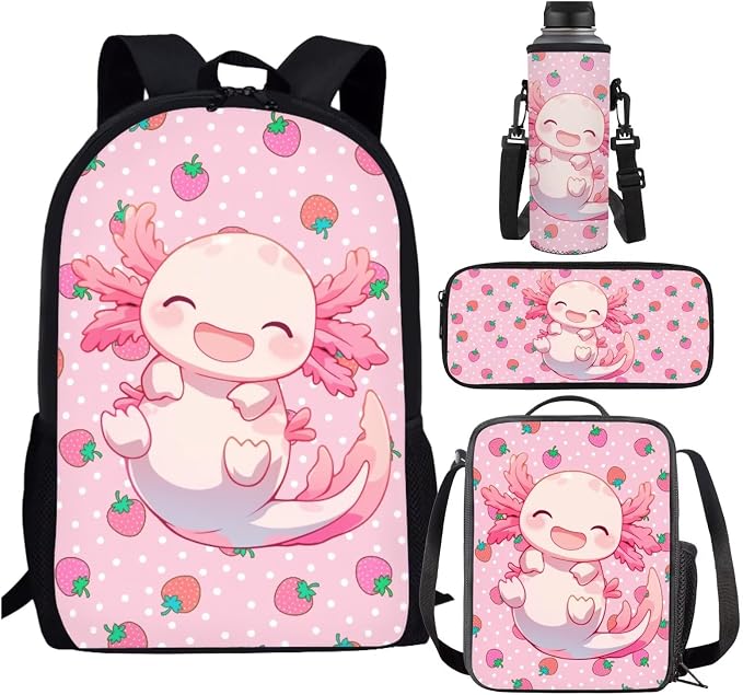 Cute Axolotl Backpack with Lunch Box Set for Girls 6-8/5-7 Strawberry Bookbag for 1st Grade Elementary School Back Pack Lunchbox Pencil Case Water Bottle Holder 4PCS Kids Preschool Book Bag by SCRAWLGODDreamWardrobe