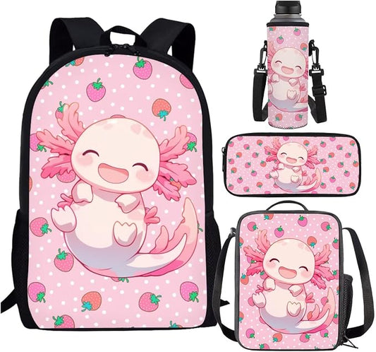 Cute Axolotl Backpack with Lunch Box Set for Girls 6-8/5-7 Strawberry Bookbag for 1st Grade Elementary School Back Pack Lunchbox Pencil Case Water Bottle Holder 4PCS Kids Preschool Book Bag by SCRAWLGODDreamWardrobe