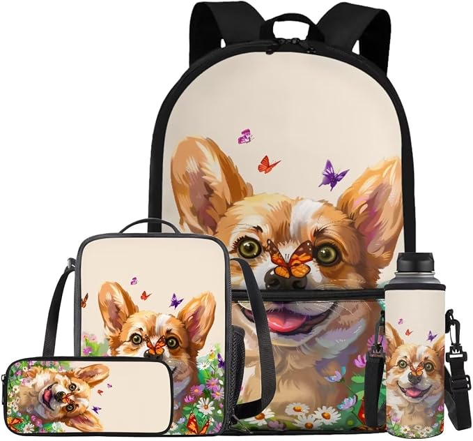 Kawaii Corgi Boys Backpacks for Elementary for Boy Large Capacity Lunch Bags for Teens with Zipper Pencil Pouches and Water Bottle Cover Sleeve for Junior Middle School by Bivxisrvo
