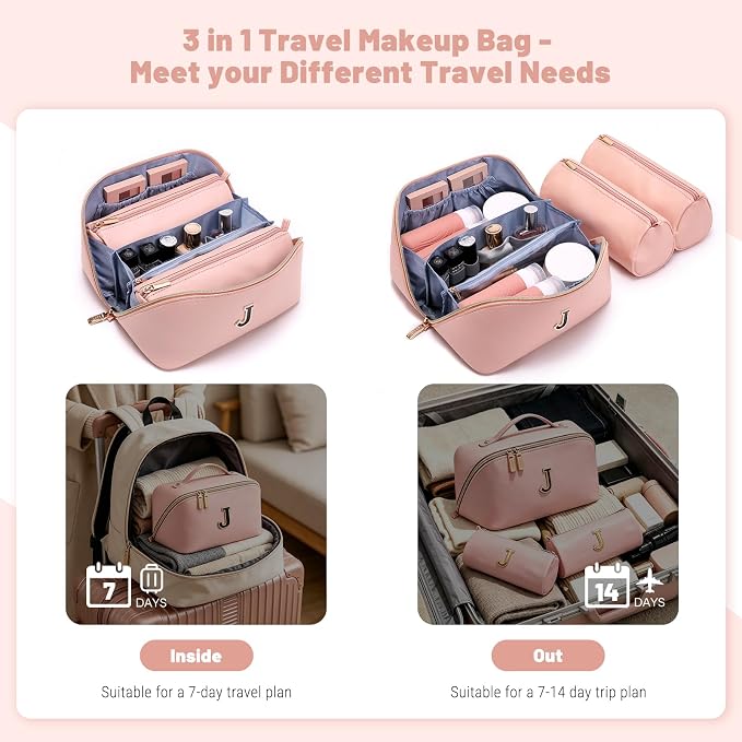 BOYATU Makeup Bag Gift for Women: 3-in-1 Travel Personalized Cosmetic Bag | Initial Make up Bag - Monogram A-Z - Vegan Leather Flat Open Toiletry Organizer - Ideal Gift Set for Birthday Graduation - Image 5