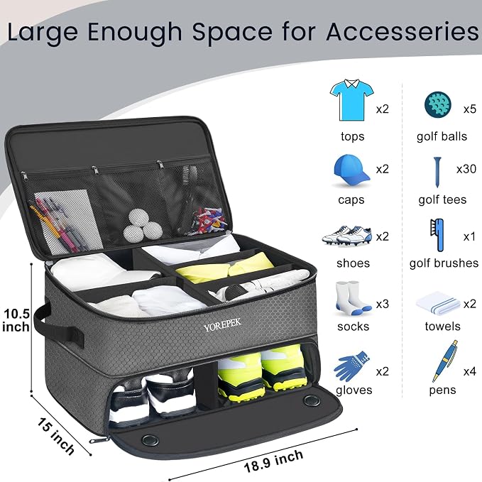 YOREPEK 2 Layer Golf Trunk Organizer, Golf Gifts for Men with Separate Ventilated Compartment for 2 Pair Shoes, Waterproof Car Trunk Locker for Balls, Tees, Clothes, Gloves, Gifts for Golfers - Image 3