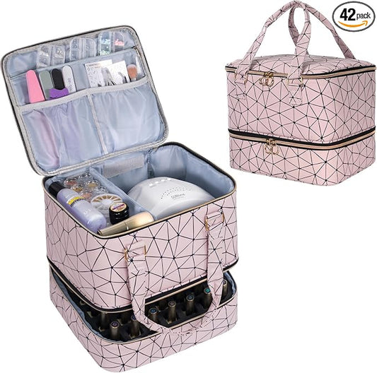 Uross Nail Polish Organizer Bag Holds 42 Bottles Nail Polish & Nail Lamp, Gel Nail Polish Organizers and Storage box for Nail Tech, Nail Kit Supplies Organizer Case - Lightpink by Uross