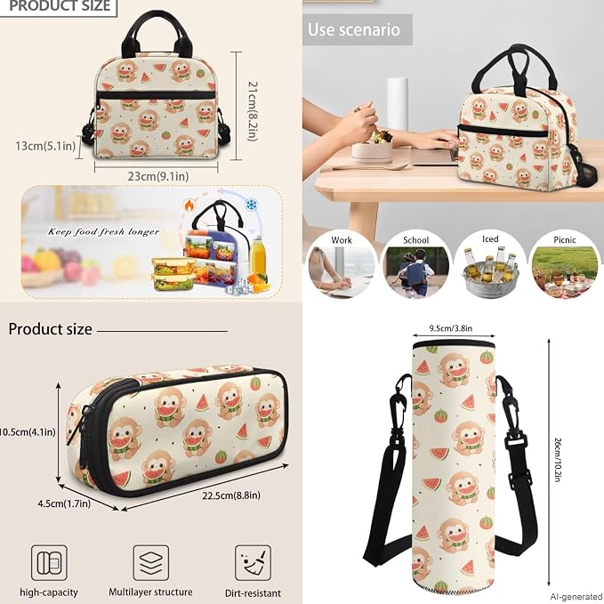Monkey Backpack for Kids Boys Girls School Bag Set 4 in 1 Cartoon Monkey Watermelon Bookbag Lightweight 17 Inch Travel Backpack with Lunch Box Pencil Case Water Bottle Holder Daypack - Image 6
