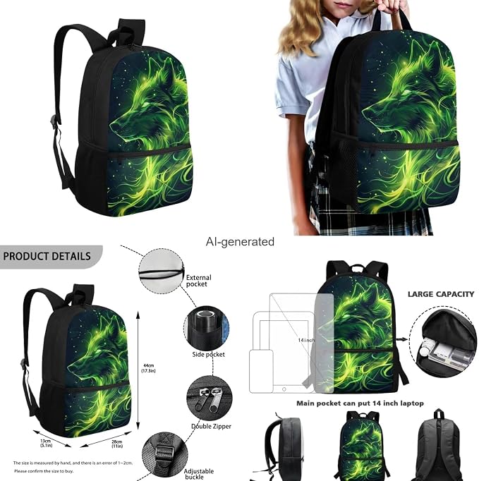Galaxy Wolf Backpack for Girls Boys Backpack with Lunch Box Water Bottle Carrier and Pencil Pouch 4PCS Set Bookbag with Front Pocket for School 17 inch Large Capacity School Bag for Kids - Image 3
