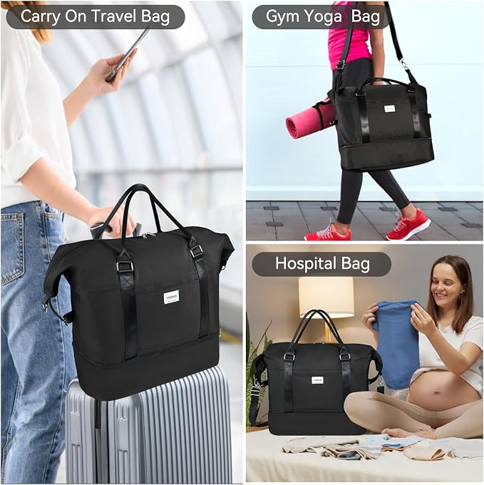 Voova Weekender Bags for Women, Large Travel Duffle Bag for Personal Item Travel with Shoes Compartment, Carry On Overnight Bag with Toiletry Bags 4 Pack Set for Men, Gym, Hospital, Yoga (Black) - Image 6