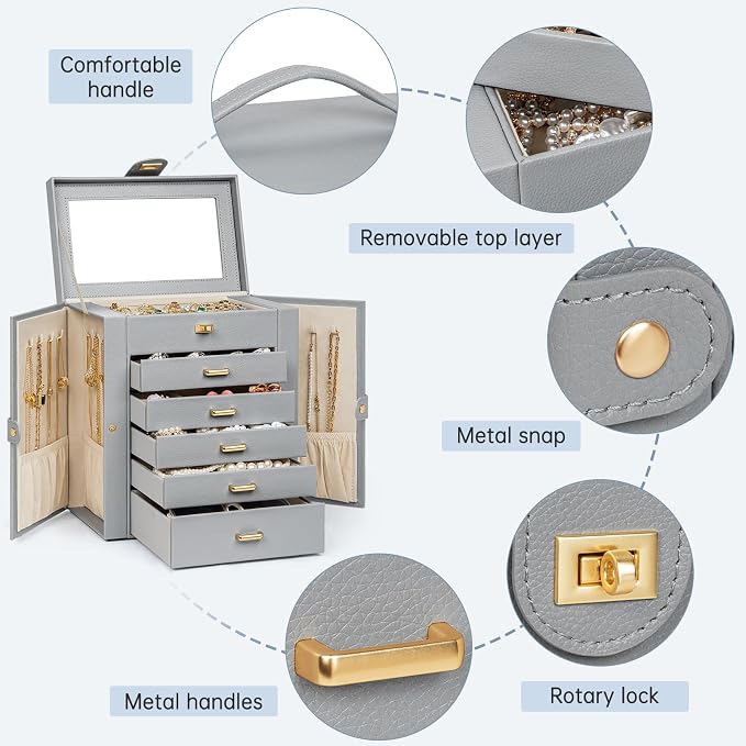 AKOZLIN 6-Tier Jewelry Box Organizer Functional 5 Drawers Leather Jewelry Storage Case for Women Girls Ring Necklace Earring Bracelet Holder Organizer with Mirror Medium Grey - Image 5