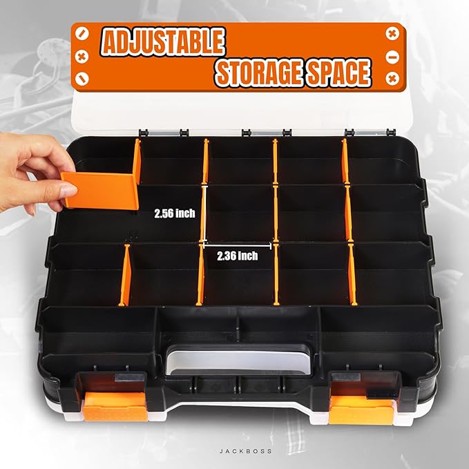 Jack Boss Tool Box with Transparent Lid, Double Side 34-Compartments Organizer Box with Removable Dividers for Hardware, Screws, Bolts, Nails, Beads, Jewelry and Fishing Accessories, Orange, 2 Pack - Image 3