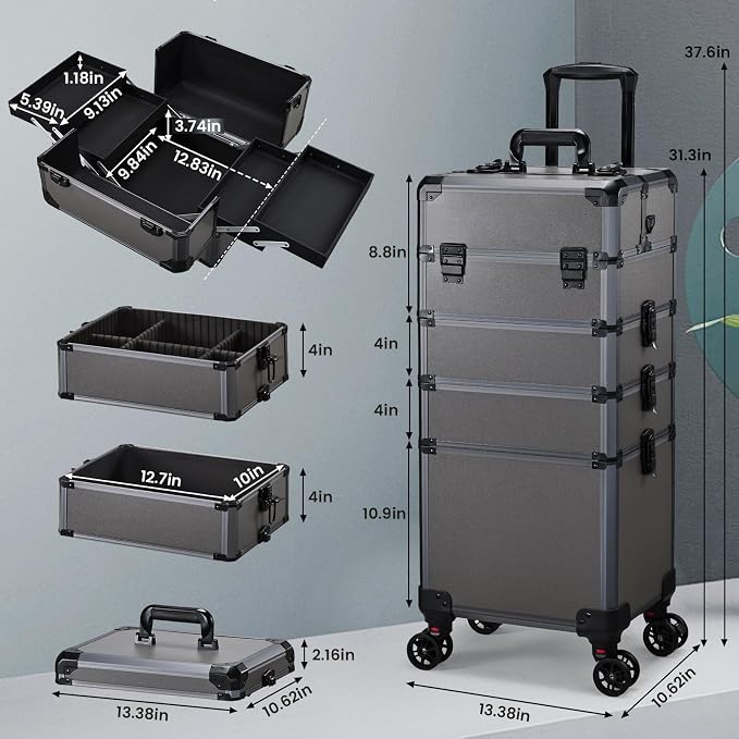 Rolling Makeup Case Makeup Train Case with Lid 5 in 1 Cosmetology Case on Wheels Cosmetic Trolley Organizer Large Makeup Organizers Case Profesional Cosmetic Case for Salon Barber Nail Beauty, Grey - Image 5