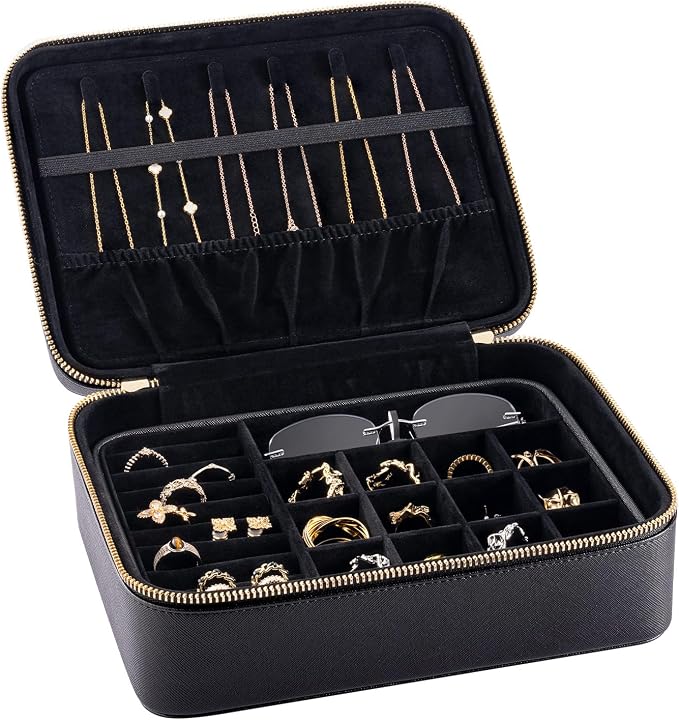 Jewelry Box for Travel – Premium Leather Jewelry Box for Women & Men with Gold-Tone Zipper Hardware, Multi-Compartment Jewelry Organizer, (Black) by LIGNORA