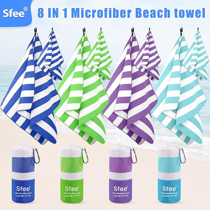 Sfee 4 Pack(8Pcs) Microfiber Travel Towel, Beach Towel Quick Dry Towel Camping Towel Super Absorbent Compact Lightweight Sports Towel Gym Towel for Beach, Gym, Hiking, Pool, Backpacking, Bath, Yoga - Image 2