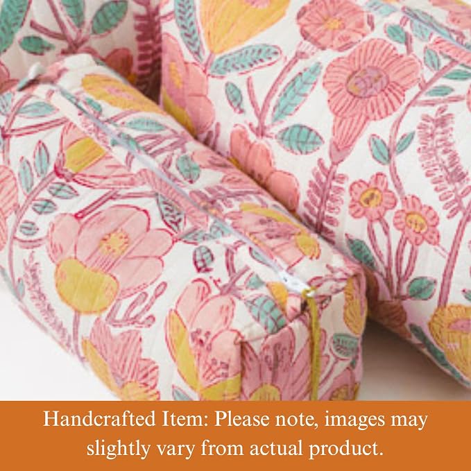 Saffron Marigold Quilted Makeup Bag Set of 3, Hand Block Printed Cotton Cosmetic Bags for Women, Waterproof Lined Travel Toiletry Bag, Coquette Floral Aesthetic, Handmade Gift, Sunspell Garden - Image 2