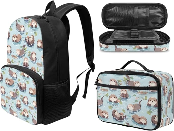 Cute Otter Backpack for Secondary Grade Students Backpacks Set for Girls Boys Kid's School Bag with Insulated Lunch Bag and Pencil Case 17 Inch Casual Daypack - Image 2