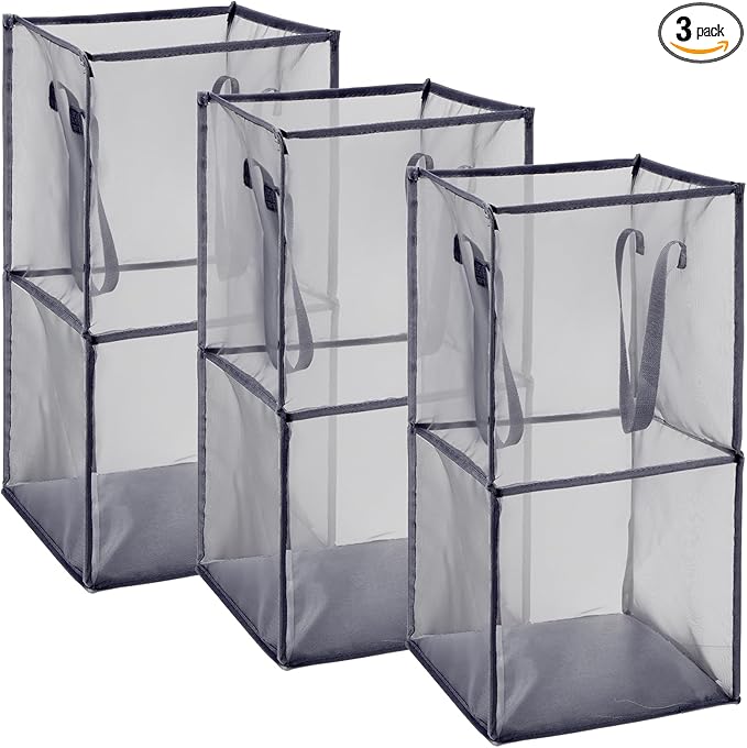 Zopeal 3 Pack Popup Laundry Hamper 13 Inch Collapsible Laundry Baskets with Handles Mesh Clothes Baskets Portable Foldable Clothes Hamper Square Bin for Washing (Grey,Double-layer) by Zopeal