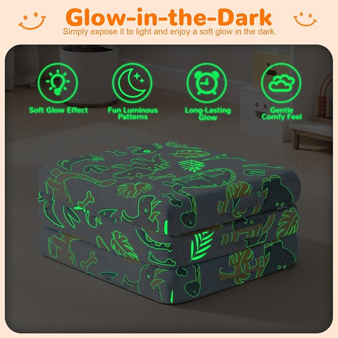 MeMoreCool Glow Dinosaur Kids Foldable Floor Mattress, 63x26 Inch Blue | Glow dinosaur trifold mattress for kids room, playroom and travel, 63x26 in - Image 7