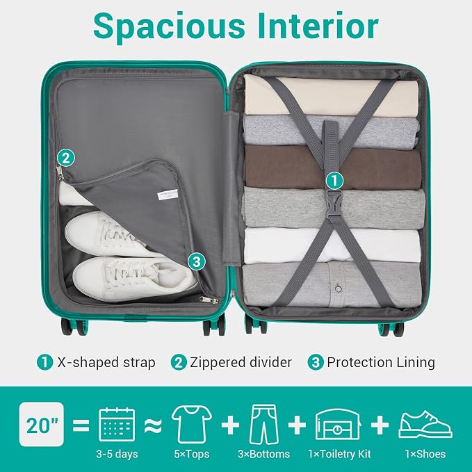 Kono Carry On Luggage 22x14x9 Airline Approved with Spinner Wheels | Lightweight PC+ABS 20 Inch Luggage with TSA Lock,Expandable Hard Shell Carry On Suitcases for Men Women,Turquoise - Image 8