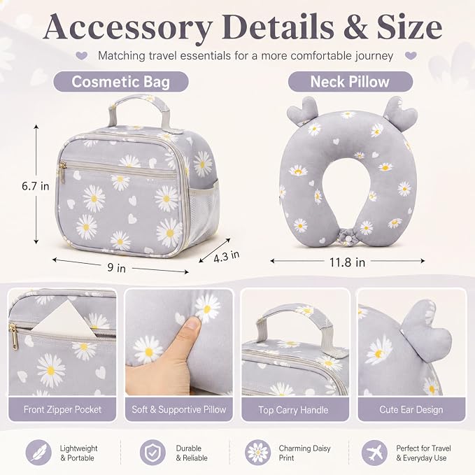 Redbaker 6 Pcs Kids Luggage Set, 17 Inch Rolling Suitcase with Backpack Lunch Bag Neck Pillow, Grey Daisy Travel Set for Summer Vacation Sleepover Back to School Gift - Image 3