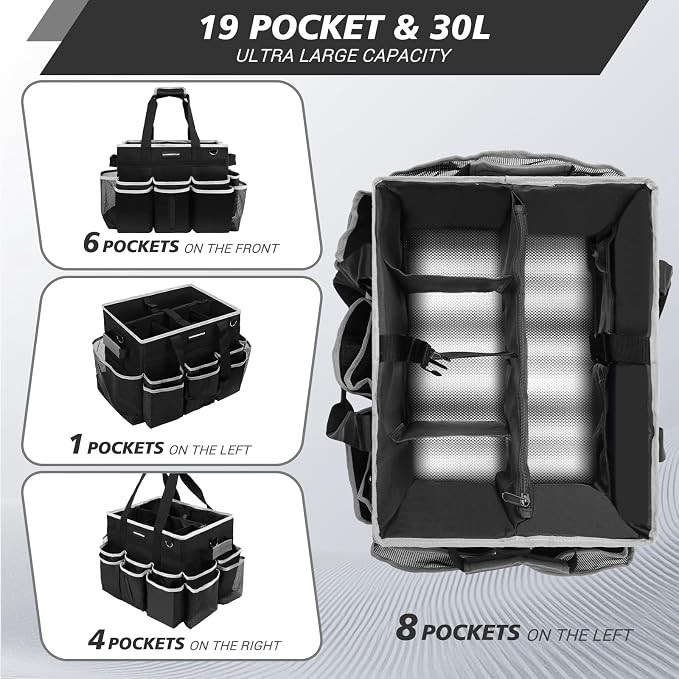 Large Rolling Cleaning Caddy Bag, Cleaning Caddy with Wheels with Detachable Trolley for Housekeepers, Water Resistant Cleaner Supplies Organizer with Wheels for Kitchen, Car, Picnic (Black-Grey) - Image 2
