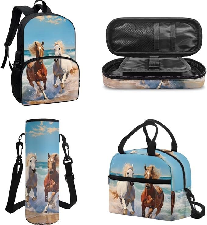 4 Pack Kids Backpack Running Horse Backpack Boys Horse Schoolbag Set with Insulated Lunch Box Pencil Case Water Bottle Holder Bag 17Inch Bookbag for Preschool,Elementary，Middle - Image 2