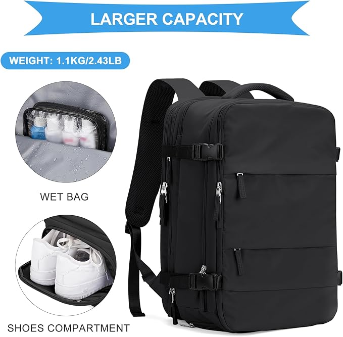 coowoz Large Travel Backpack For Women Men, Carry On Backpack,Hiking Backpack Waterproof Outdoor Sports Rucksack Casual Daypack Expandable Heavy Duty Extra large Backpack Black Expansion - Image 6
