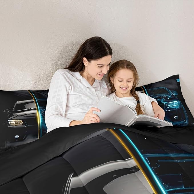 Erosebridal Kids Race Car Comforter Set Queen Size for Child Girls Boys Speed Sports Car Bedding Set, Teens Youth Extreme Sport Bedding Comforters Automobile Duvet Sets Bedroom Decor, Blue Black - Image 5
