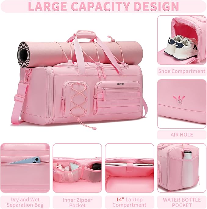 Bosstin Gym Bag for Women & Men,45L Travel Duffle Sports Duffel Bag Gym Weekender Overnight Backpack with Shoe Compartment (3PINK) - Image 3