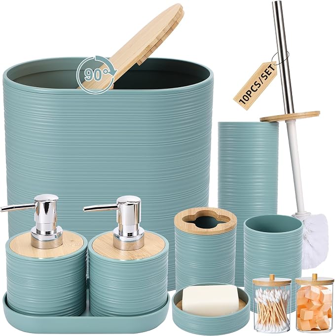XLHOMO Blue Bathroom Set, Light Blue Bathroom Accessories Set with Trash Can, 2PCS Soap Dispensers, Soap Dish, Toothbrush Holder, Toothbrush Cup,Toilet Brush, Tray and Qtip Holders for Bathroom Decor by BetterbathroomwithXLHOME