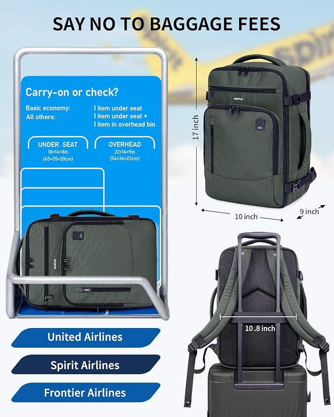 ECOHUB 17" Small Travel Backpack, United Airlines Personal Item Bag 17x10x9 with 16 Pockets, Water Resistant Rucksacks Fit 15.6" Laptop, AirTag Pocket, Lightweight Casual Daypack, 25L, Green - Image 2