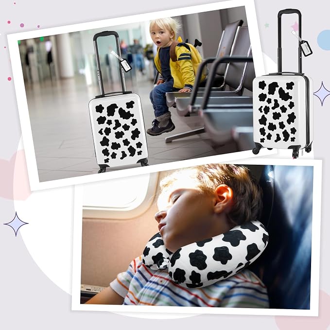 Redbaker 6 Pcs Kids Luggage Set, 17 Inch Rolling Suitcase with Backpack Lunch Bag Neck Pillow, Black and White Cow Travel Set for Summer Vacation Sleepover Back to School Gift - Image 6